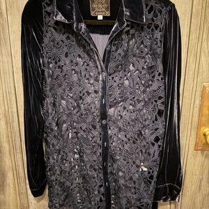 Johnny Was Jade-Navy Velvet Lace Button-Up Shirt